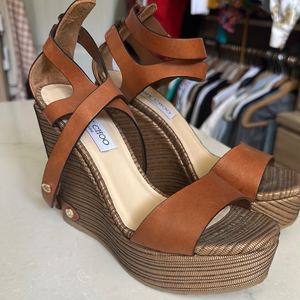 Jimmy Choo Brown Leather Wedge Sandals
